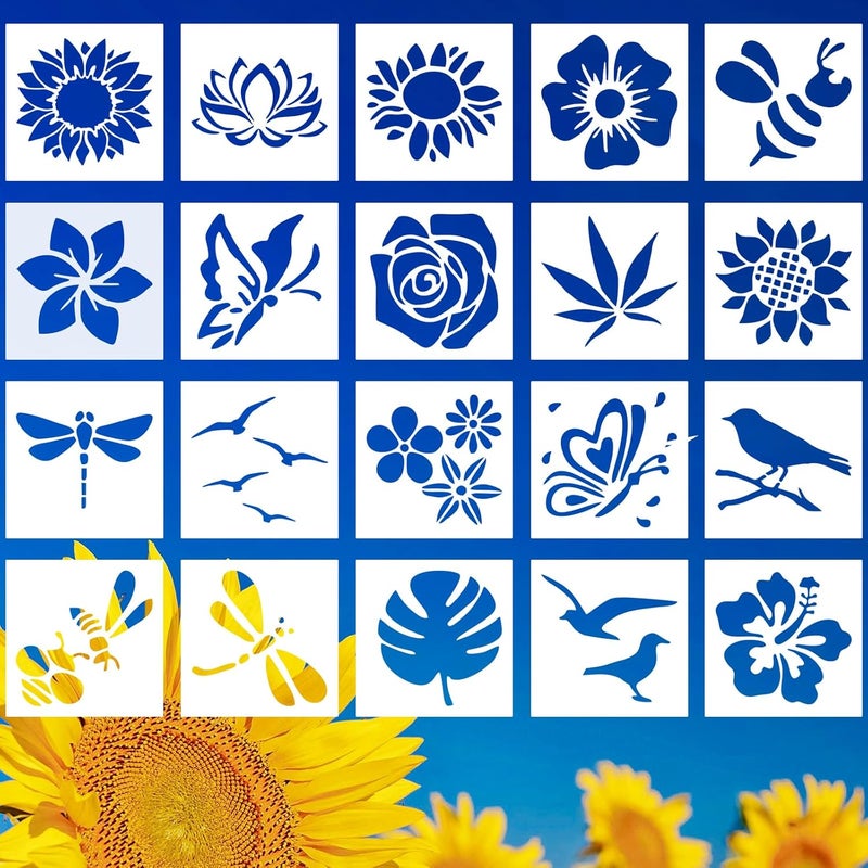 Resflyar 20 PCS 6 Inch Flower Painting Stencils, Sunflower Bee Reusable Plastic Paint Templates, Rose Butterfly Birds Stencils Set for Painting on Wood Rock Canvas Fabric Glass Art Pottery DIY Craft Decor - Image 1
